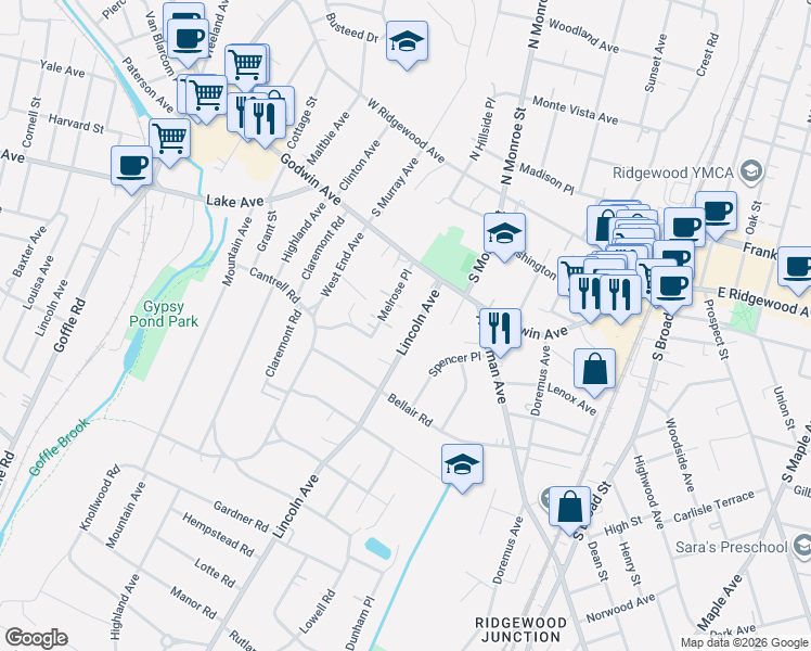 map of restaurants, bars, coffee shops, grocery stores, and more near 152 Lincoln Avenue in Ridgewood