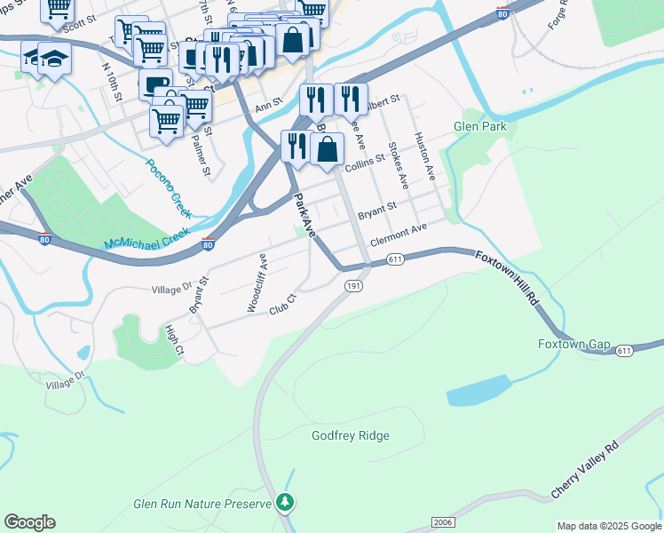map of restaurants, bars, coffee shops, grocery stores, and more near 508 Park Avenue in Stroudsburg