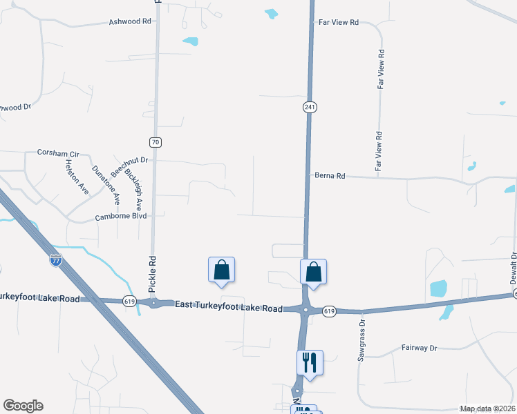 map of restaurants, bars, coffee shops, grocery stores, and more near 3060 Doxey Drive in Akron