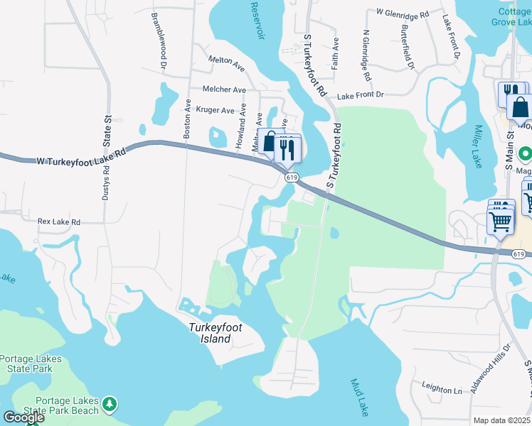 map of restaurants, bars, coffee shops, grocery stores, and more near 4176 Wilmar Drive in Akron