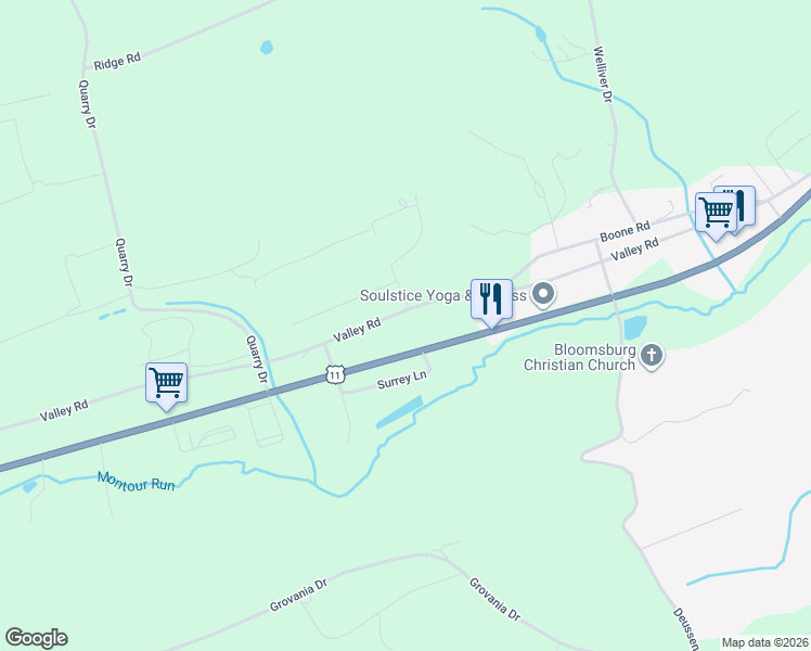 map of restaurants, bars, coffee shops, grocery stores, and more near 404 Valley Rd in Bloomsburg
