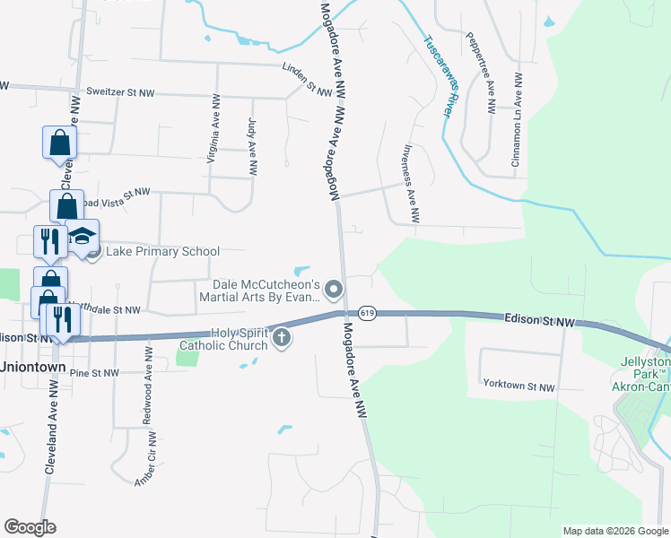 map of restaurants, bars, coffee shops, grocery stores, and more near 13088 Mogadore Avenue Northwest in Uniontown