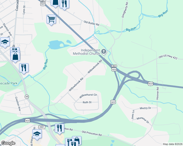 map of restaurants, bars, coffee shops, grocery stores, and more near 1304 Willowbrook Road in New Castle