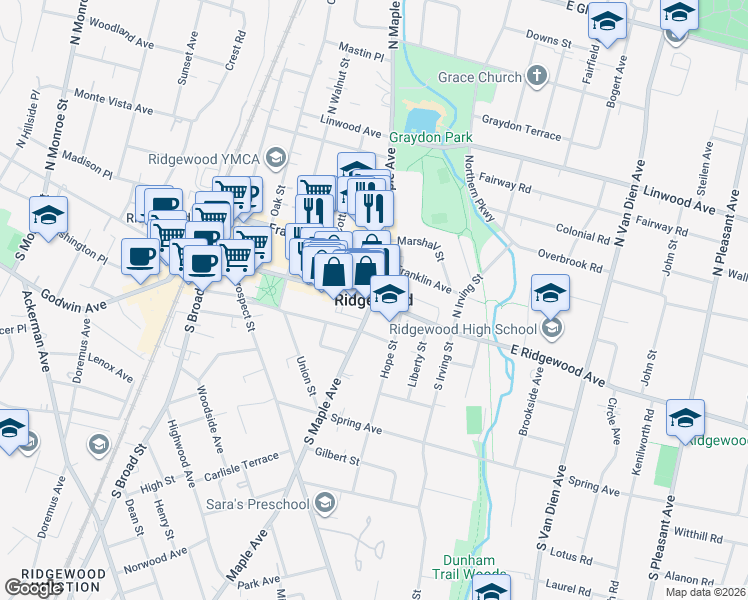 map of restaurants, bars, coffee shops, grocery stores, and more near in Ridgewood