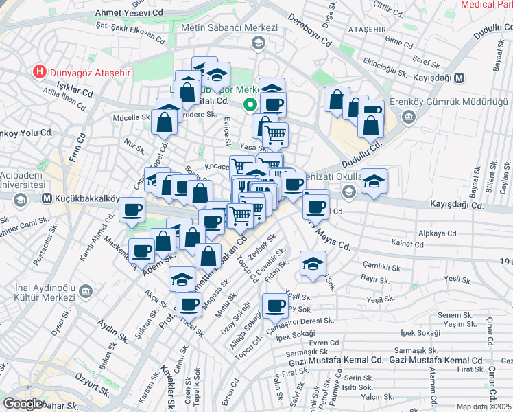 map of restaurants, bars, coffee shops, grocery stores, and more near Kayışdağı Caddesi in İstanbul