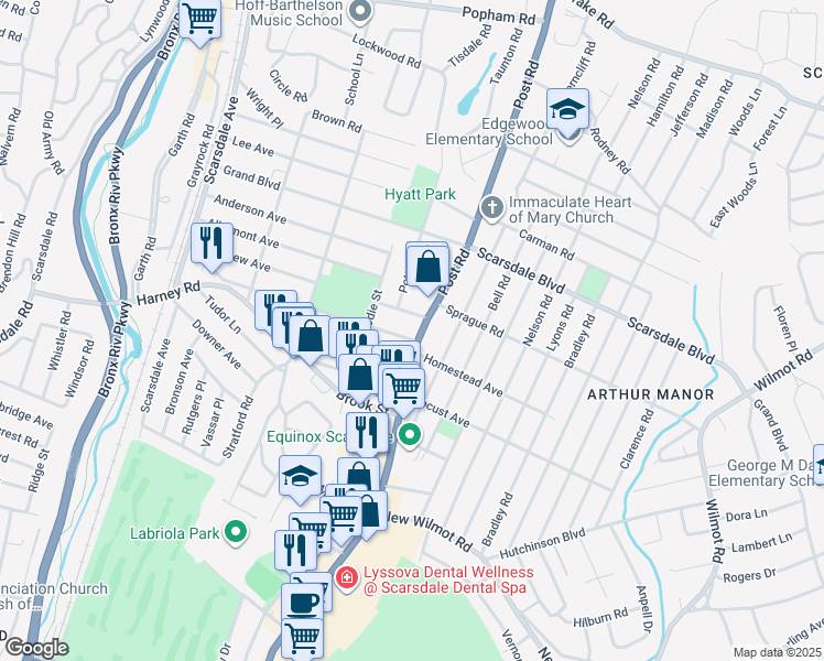 map of restaurants, bars, coffee shops, grocery stores, and more near 886 Post Road in Scarsdale