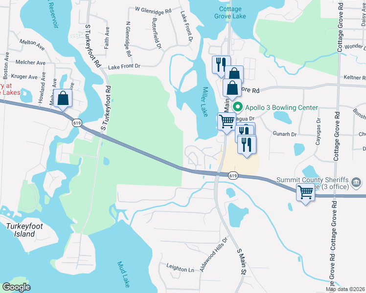 map of restaurants, bars, coffee shops, grocery stores, and more near 61-99 Forest Cove Dr in Akron