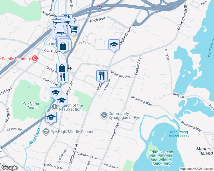 map of restaurants, bars, coffee shops, grocery stores, and more near 37 Cedar Place in Rye