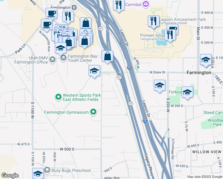 map of restaurants, bars, coffee shops, grocery stores, and more near 110 South Horizon Drive in Farmington