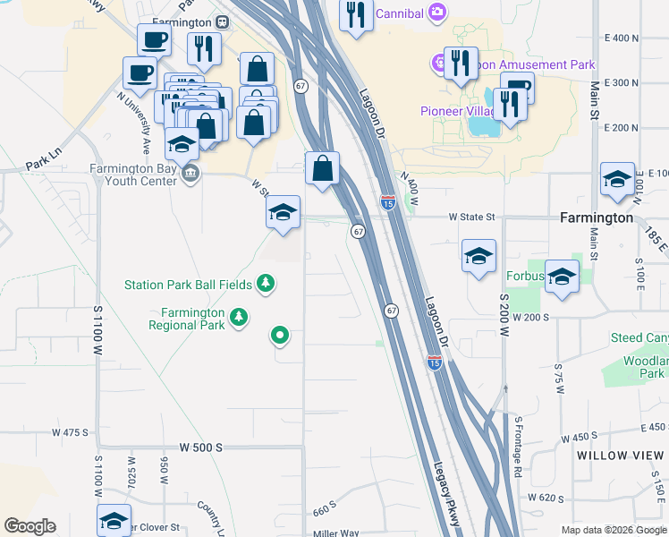 map of restaurants, bars, coffee shops, grocery stores, and more near 110 South 525 West in Farmington