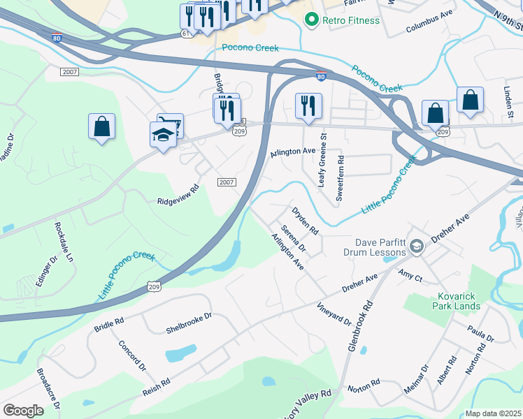 map of restaurants, bars, coffee shops, grocery stores, and more near 211 Dryden Road in Stroudsburg