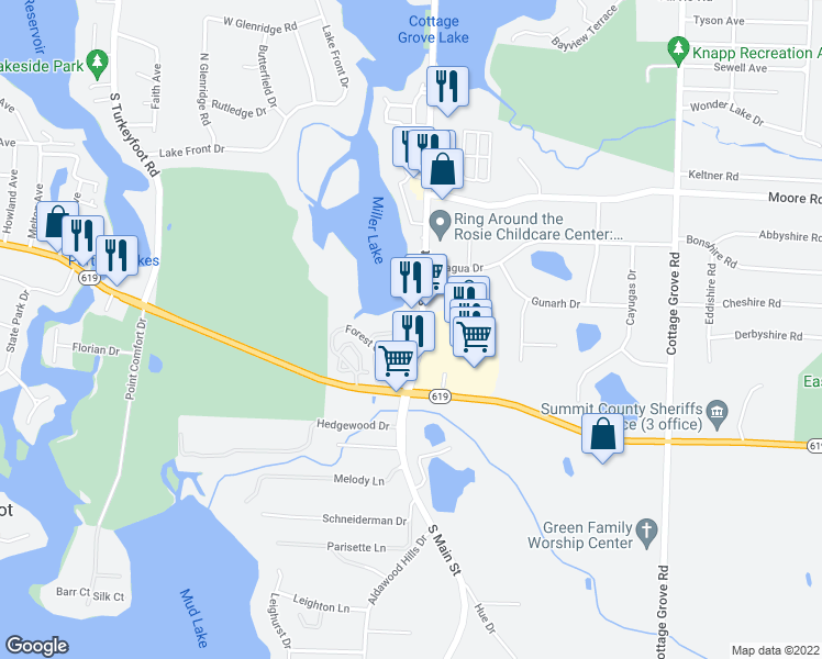 map of restaurants, bars, coffee shops, grocery stores, and more near 18 Harbour View Drive in Akron