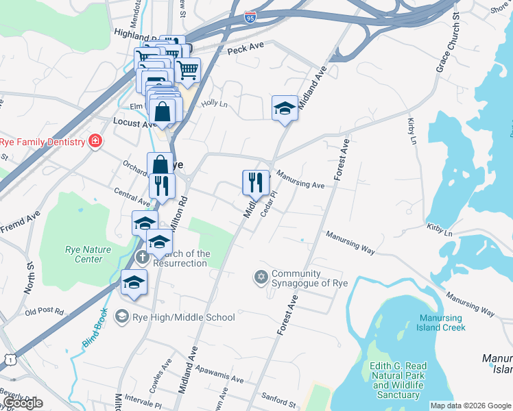 map of restaurants, bars, coffee shops, grocery stores, and more near 378 Midland Avenue in Rye
