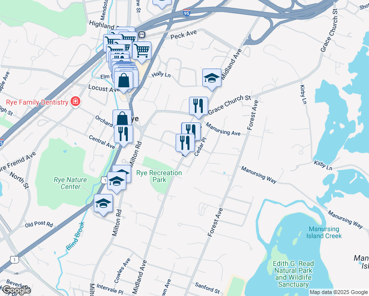 map of restaurants, bars, coffee shops, grocery stores, and more near 378 Midland Avenue in Rye