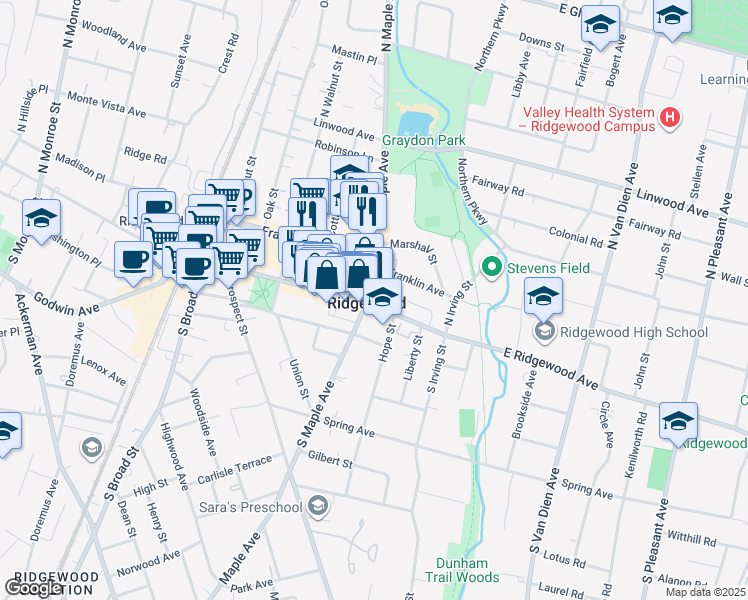 map of restaurants, bars, coffee shops, grocery stores, and more near in Ridgewood