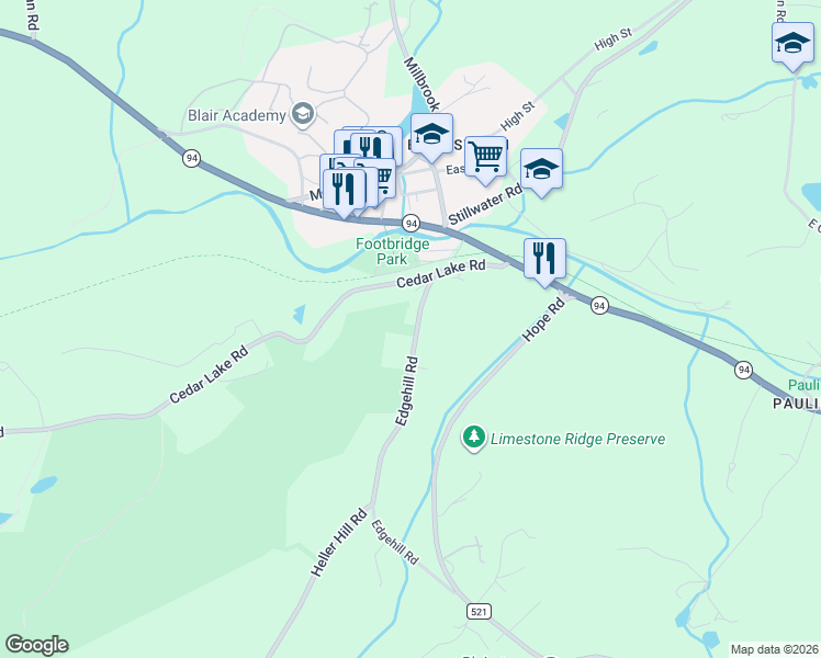 map of restaurants, bars, coffee shops, grocery stores, and more near 12 Edgehill Road in Blairstown