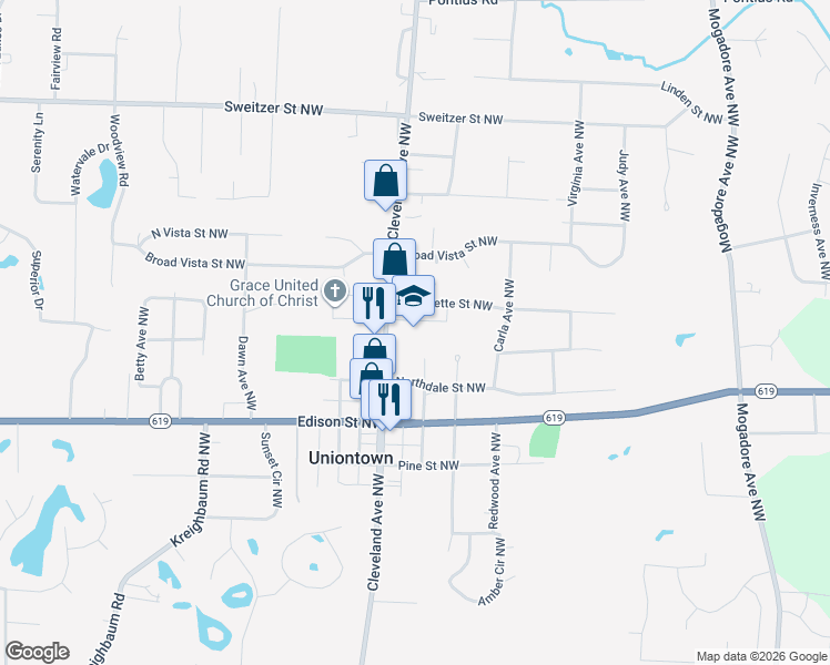 map of restaurants, bars, coffee shops, grocery stores, and more near 13244 Cleveland Avenue Northwest in Uniontown