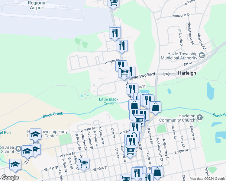 map of restaurants, bars, coffee shops, grocery stores, and more near 610 Hazle Township Boulevard in Luzerne County