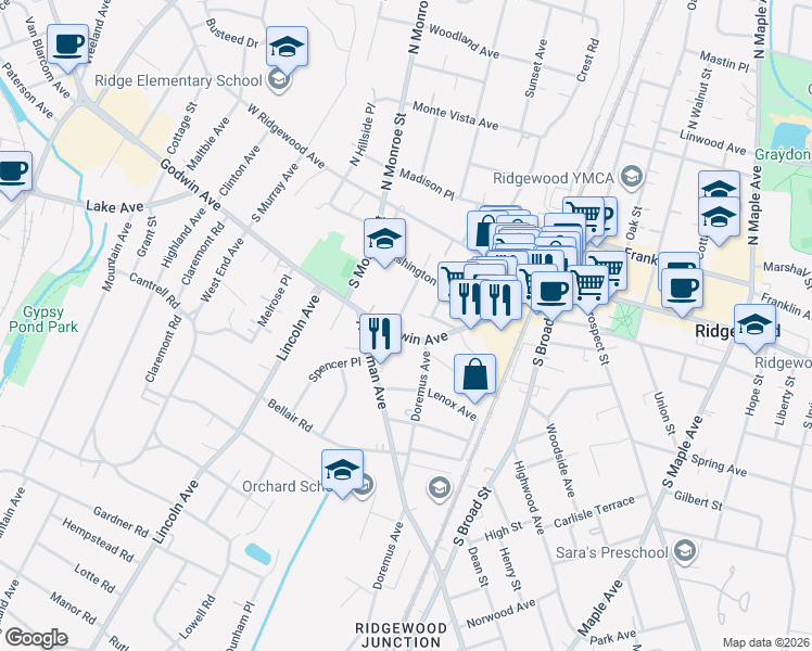 map of restaurants, bars, coffee shops, grocery stores, and more near 194 Godwin Avenue in Ridgewood