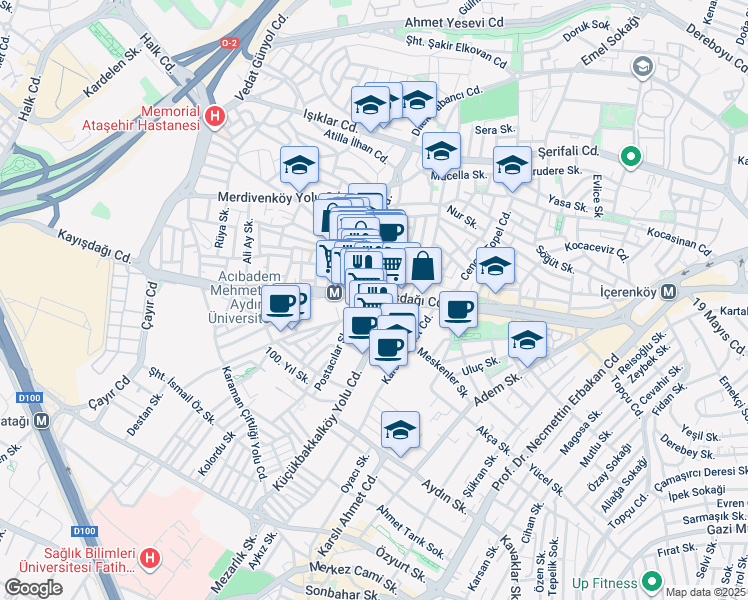 map of restaurants, bars, coffee shops, grocery stores, and more near 34 Kayışdağı Caddesi in Ataşehir