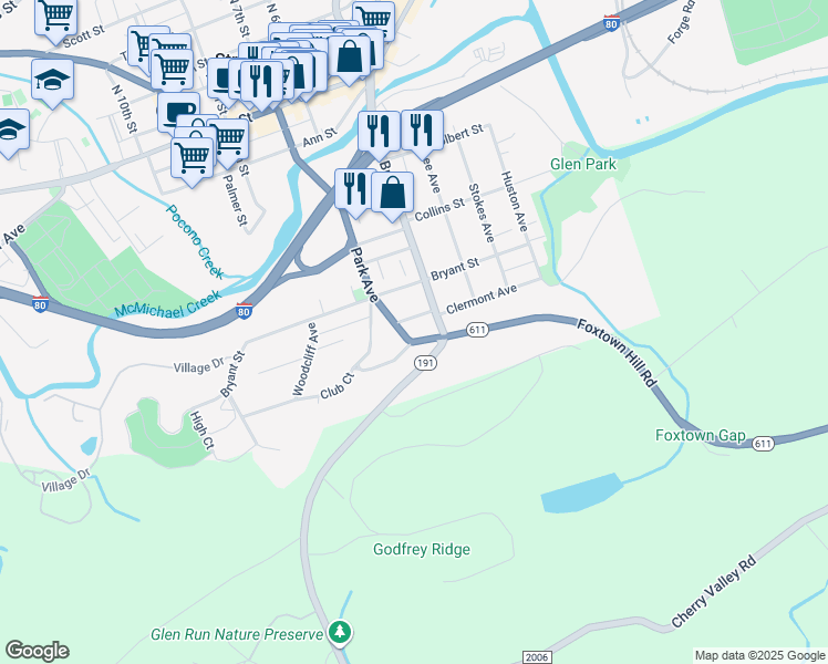 map of restaurants, bars, coffee shops, grocery stores, and more near 508 Park Avenue in Stroudsburg