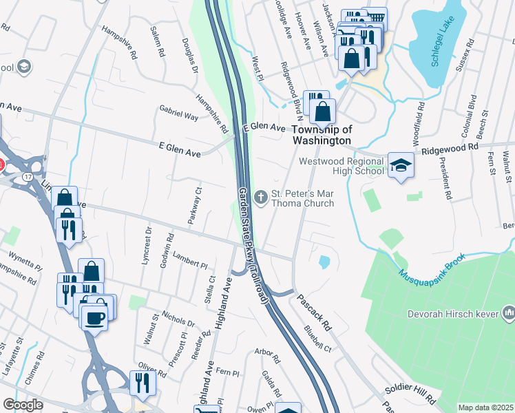 map of restaurants, bars, coffee shops, grocery stores, and more near 56 Ridgewood Road in Township of Washington