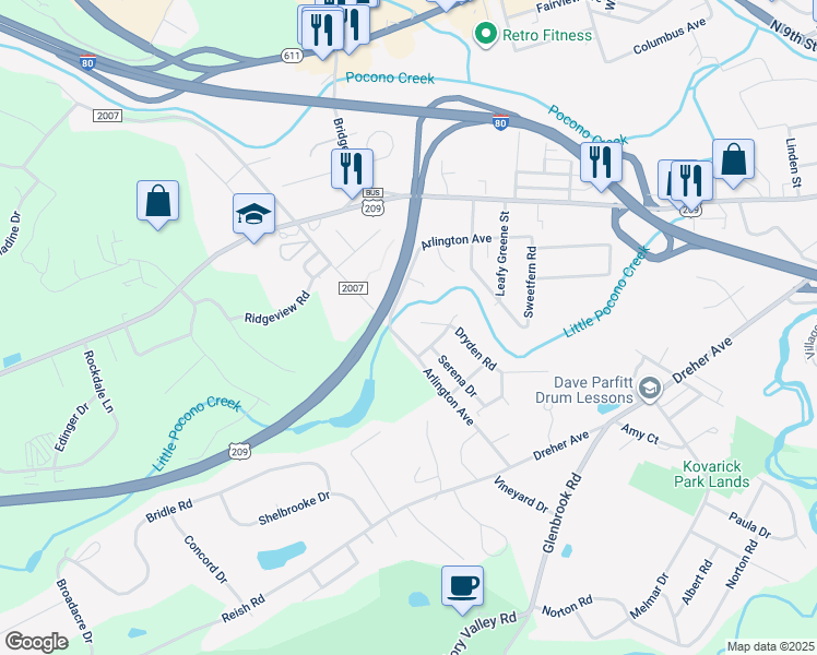 map of restaurants, bars, coffee shops, grocery stores, and more near 211 Dryden Road in Stroudsburg
