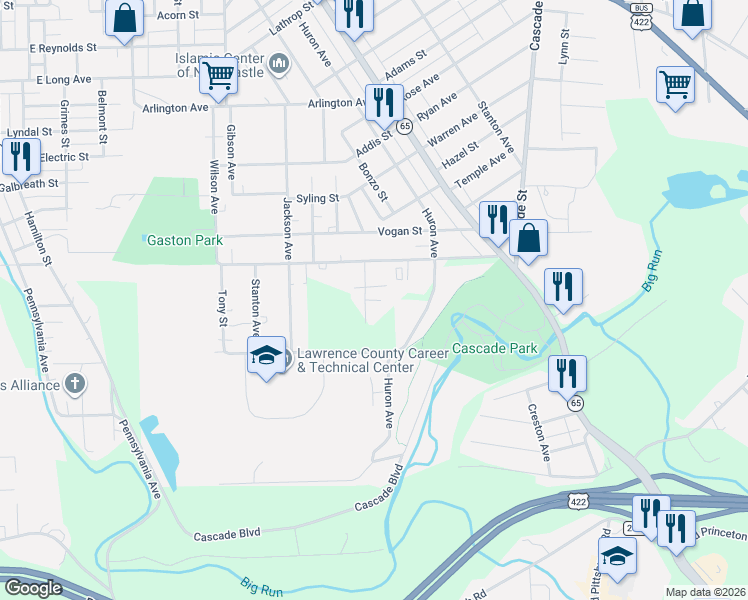 map of restaurants, bars, coffee shops, grocery stores, and more near 1911 Plum Street in New Castle