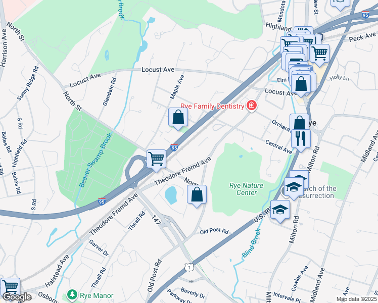 map of restaurants, bars, coffee shops, grocery stores, and more near 176 Theodore Fremd Avenue in Rye