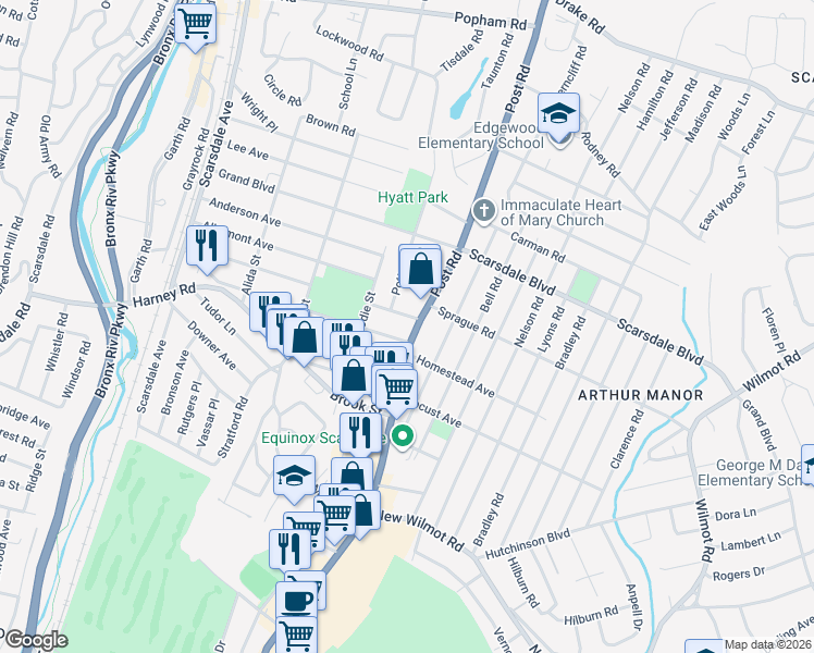 map of restaurants, bars, coffee shops, grocery stores, and more near 886 Post Road in Scarsdale