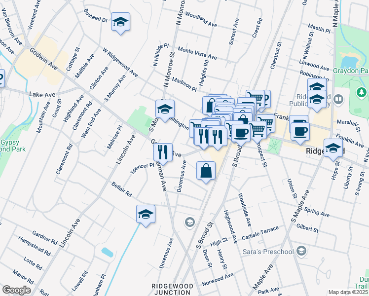 map of restaurants, bars, coffee shops, grocery stores, and more near 125 Godwin Avenue in Ridgewood