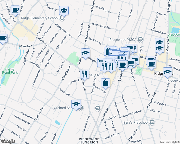 map of restaurants, bars, coffee shops, grocery stores, and more near 194 Godwin Avenue in Ridgewood