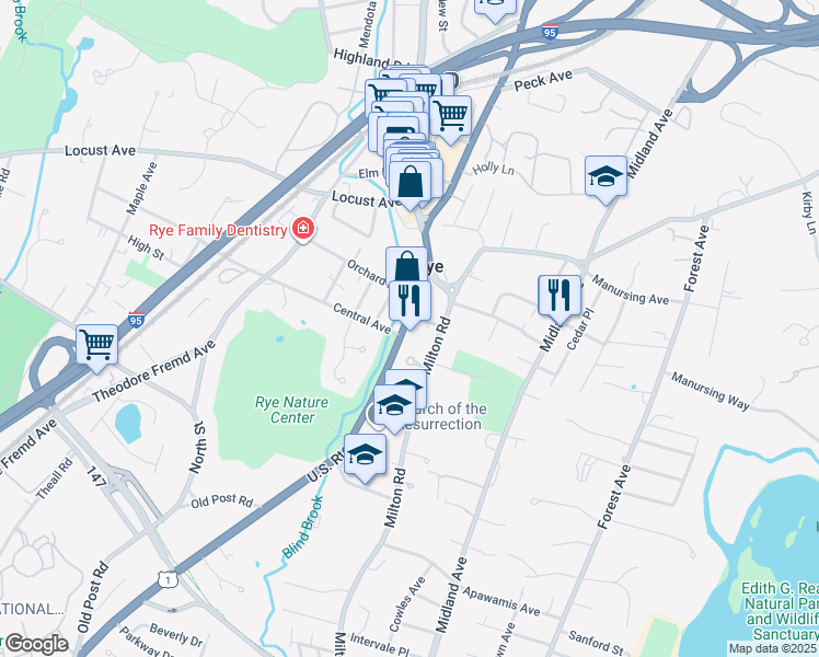 map of restaurants, bars, coffee shops, grocery stores, and more near 1000 Boston Post Road in Rye