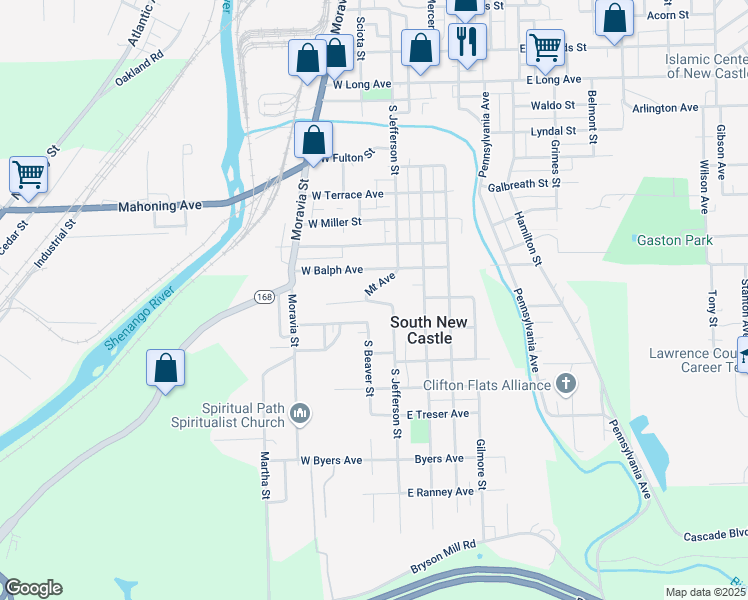 map of restaurants, bars, coffee shops, grocery stores, and more near 1915 South Beaver Street in New Castle