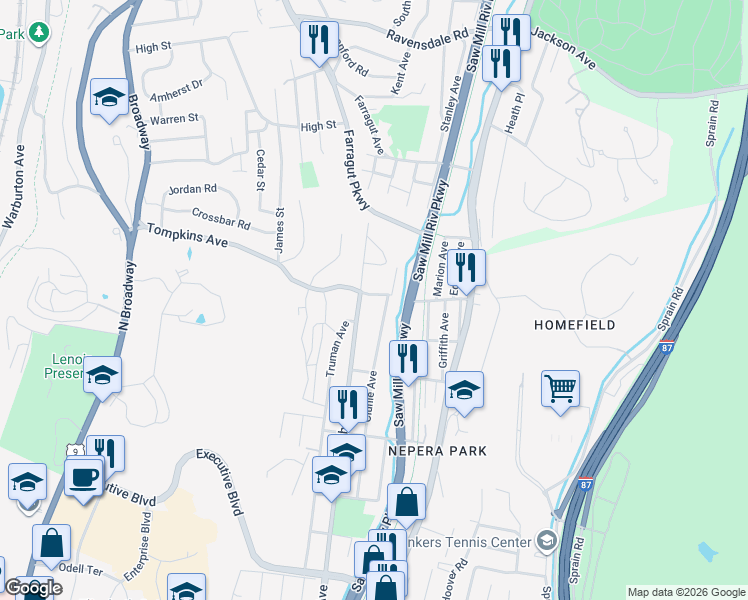map of restaurants, bars, coffee shops, grocery stores, and more near 245 Clunie Avenue in Yonkers
