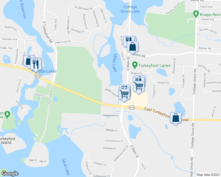 map of restaurants, bars, coffee shops, grocery stores, and more near 64 Forest Cove Drive in Akron