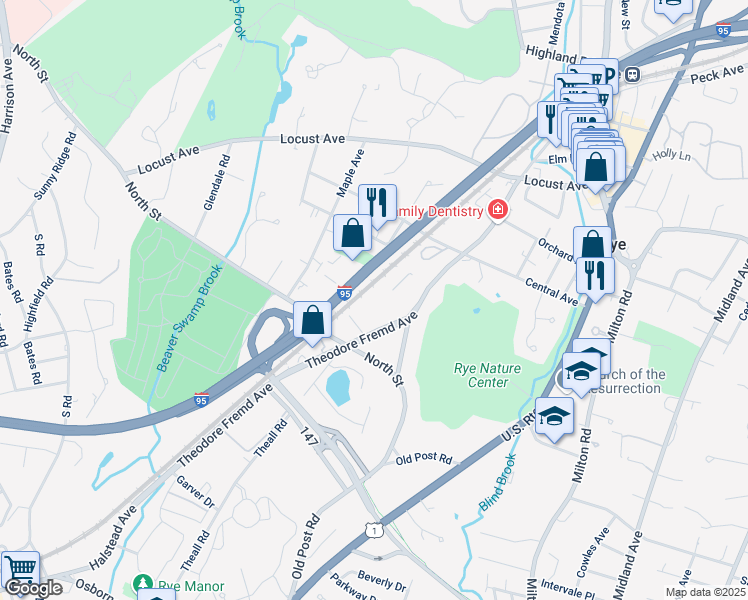 map of restaurants, bars, coffee shops, grocery stores, and more near 176 Theodore Fremd Avenue in Rye