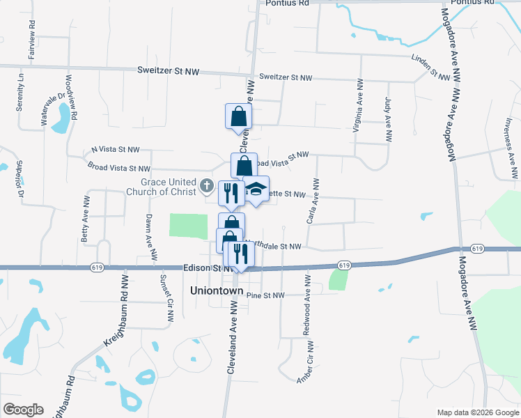 map of restaurants, bars, coffee shops, grocery stores, and more near 13244 Cleveland Avenue Northwest in Uniontown