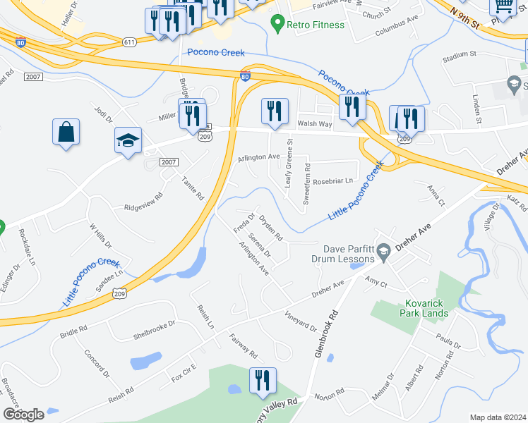 map of restaurants, bars, coffee shops, grocery stores, and more near 224 Dryden Road in Stroudsburg