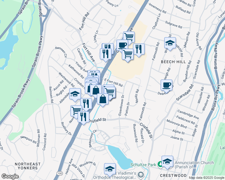 map of restaurants, bars, coffee shops, grocery stores, and more near 1 Simpson Place in Yonkers