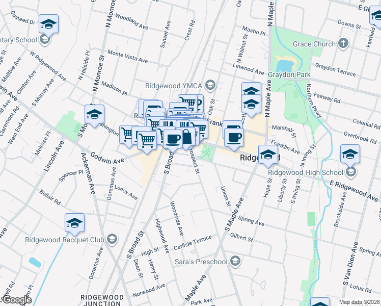 map of restaurants, bars, coffee shops, grocery stores, and more near 1 Passaic Street in Ridgewood