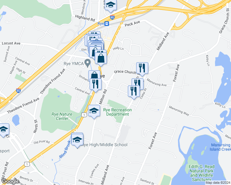 map of restaurants, bars, coffee shops, grocery stores, and more near 14 Richard Place in Rye