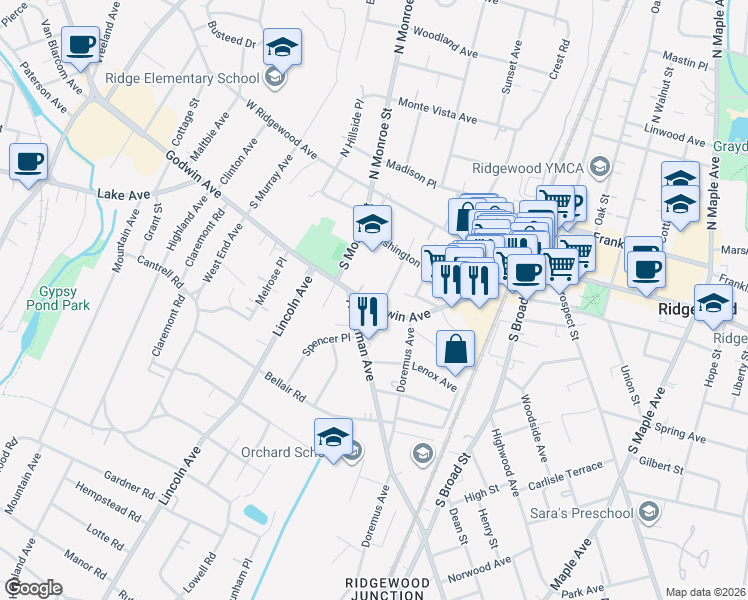 map of restaurants, bars, coffee shops, grocery stores, and more near 194 Godwin Avenue in Ridgewood