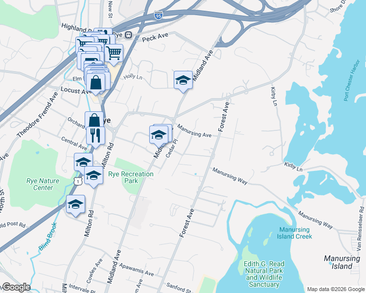 map of restaurants, bars, coffee shops, grocery stores, and more near 38 Davis Avenue in Rye