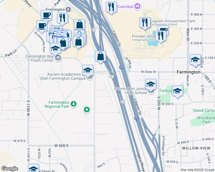 map of restaurants, bars, coffee shops, grocery stores, and more near 101 South Horizon Drive in Farmington