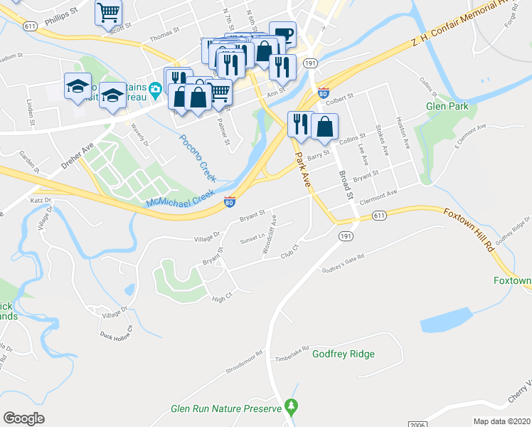 map of restaurants, bars, coffee shops, grocery stores, and more near 755 Bryant Street in Stroudsburg