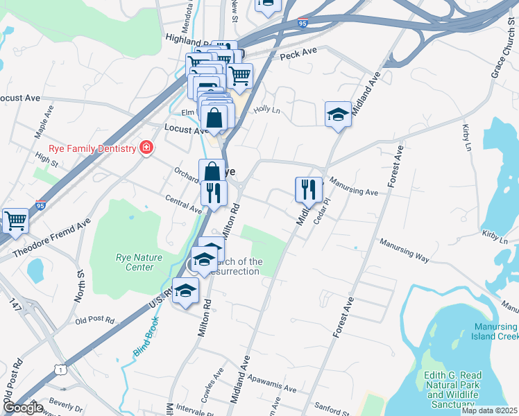 map of restaurants, bars, coffee shops, grocery stores, and more near 14 Richard Place in Rye