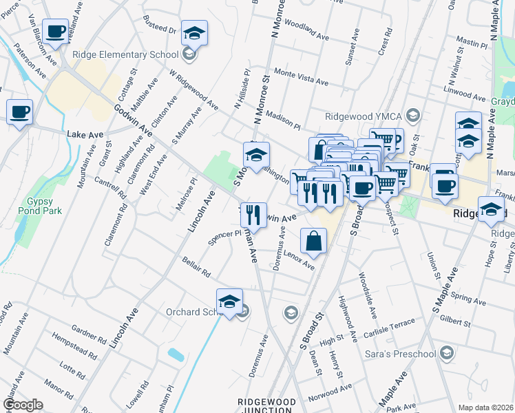 map of restaurants, bars, coffee shops, grocery stores, and more near 194 Godwin Avenue in Ridgewood