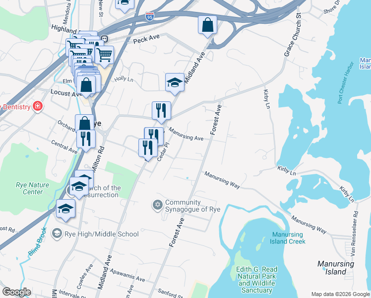 map of restaurants, bars, coffee shops, grocery stores, and more near 16 Maple Drive in Rye