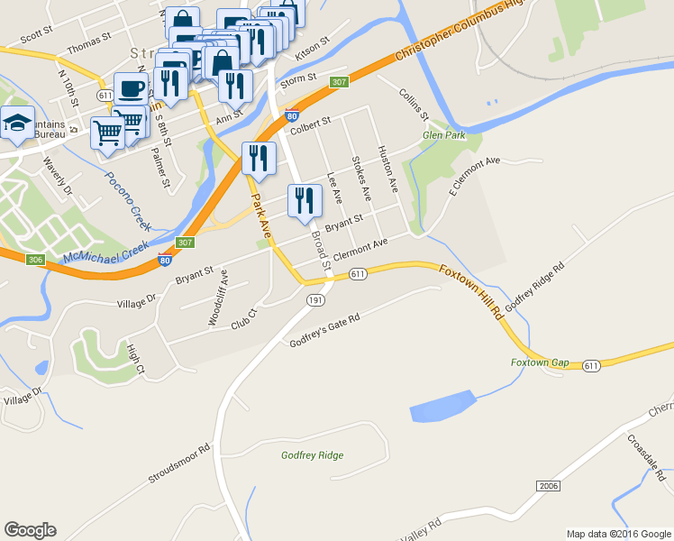 map of restaurants, bars, coffee shops, grocery stores, and more near 198 Broad Street in Stroudsburg